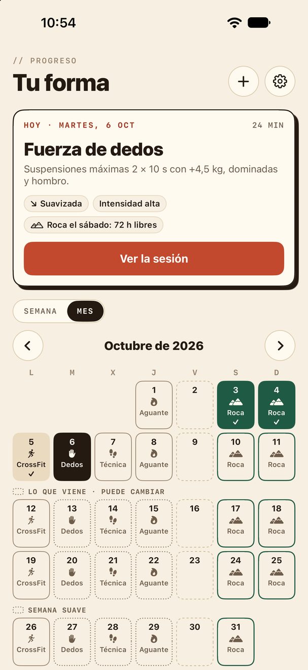 La pestaña Progreso de Cordada: la sesión de hoy y tu mes, con los días de roca, los de roco y lo que viene.