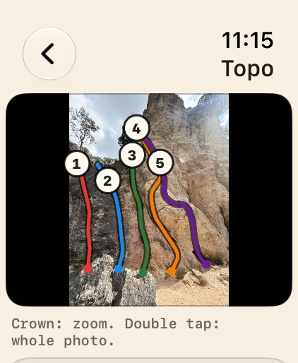 Topo Asesina Rutina w Barranco de la Viana na Apple Watch, z pięcioma ponumerowanymi drogami.