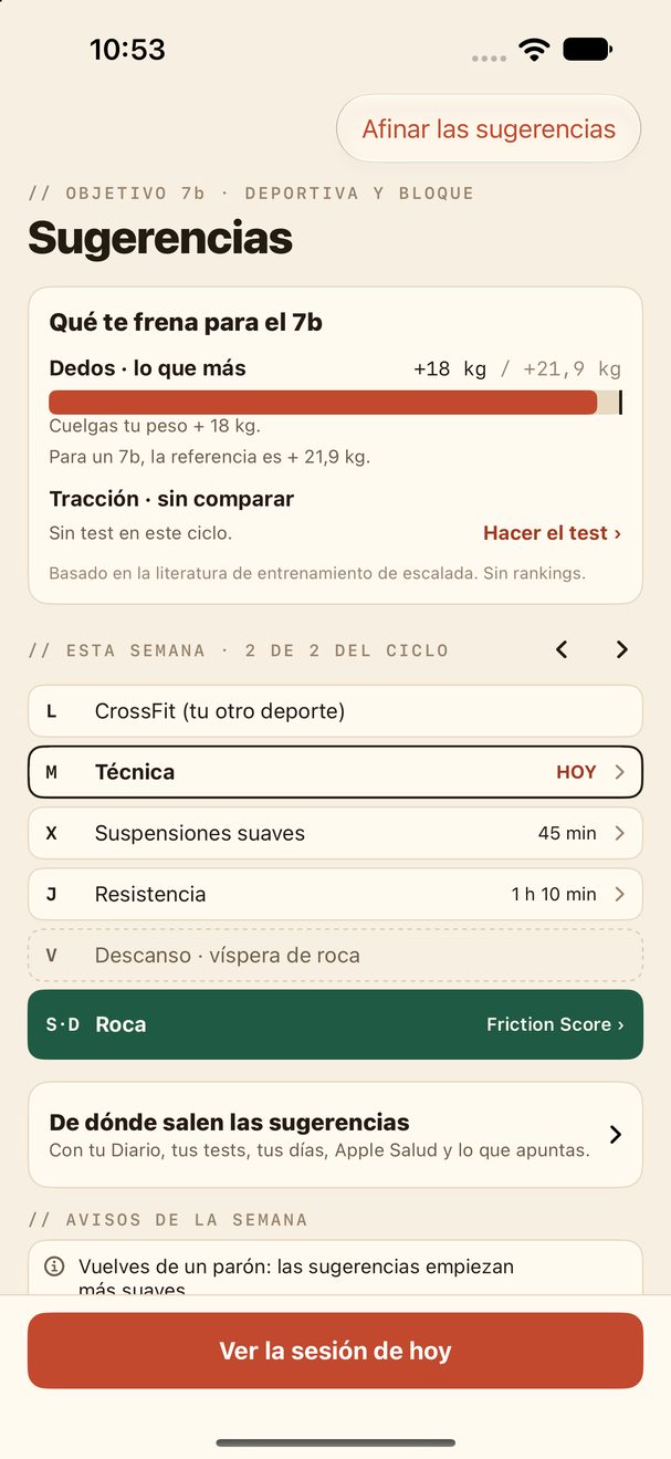 Las sugerencias de Cordada Pro: qué te frena para el 7b, con tus dedos frente a la referencia de ese grado, y las sesiones de la semana.